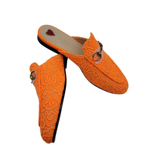 Gucci Princetown Orange Floral Lace Mules Size 38 - Picture 2 of 10